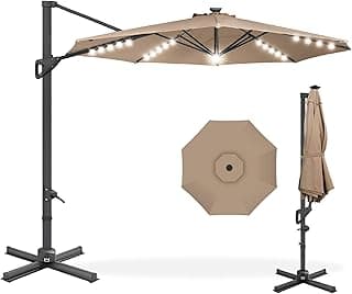 Best Choice Products 10ft Solar LED Cantilever Patio Umbrella, 360-Degree Rotation Hanging Offset Market Outdoor Sun Shade for Backyard, Deck, Poolside w/Lights, Easy Tilt, Cross Base