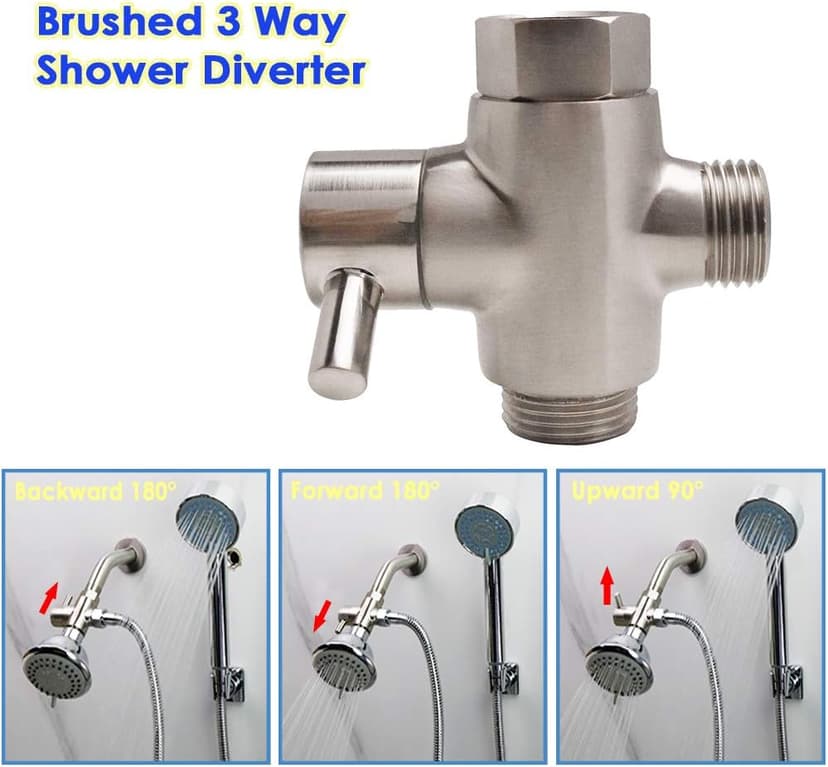 Shower Arm Diverter Valve for Hand Held Showerhead and Fixed Spray Head,G 1/2 3-Way Bathroom Universal Shower System Replacement Part/Brass (Brushed Nickel)