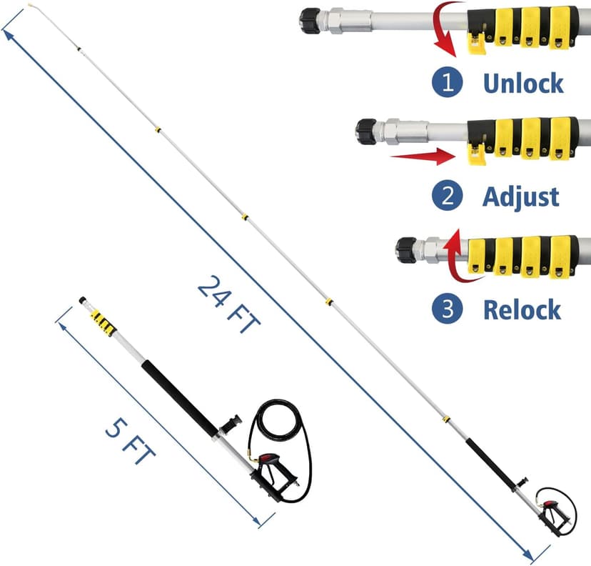 JANZ 24 FT Pressure Washer Telescoping Wand with Power Washer Extension Wands, Brush Head, Gutter Cleaner, 7 Spray Nozzle Tips, 2 Hose Adapters and Support Belt TW-004