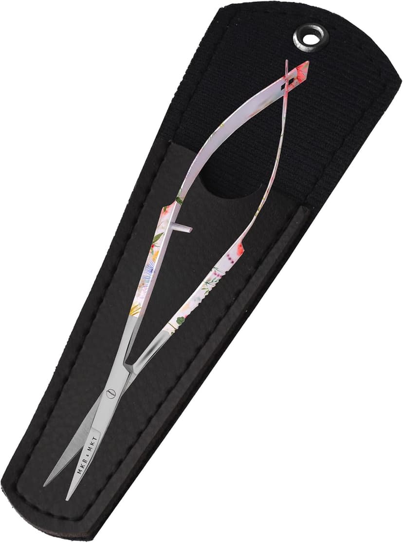 Spring Action Curved Blade 4.5 Inch EZ Snip Squeeze Scissors with Pouch Sleeve for Applique, Embroidery, Fabric, Thread, Knitting, Sewing, Arts & Craft (Curved Floral)