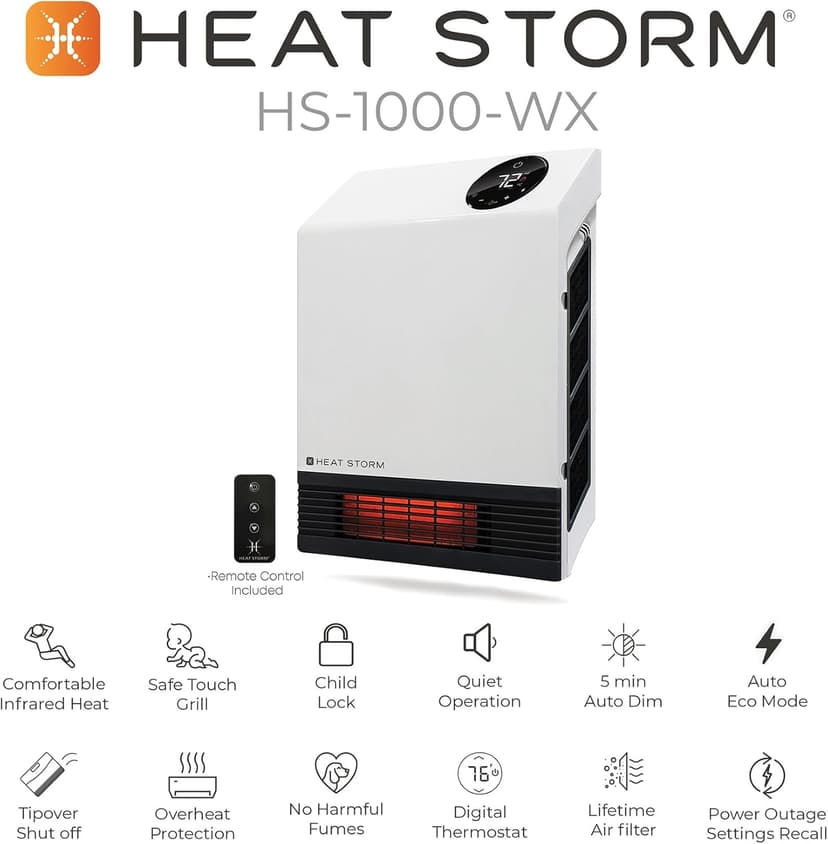 Heat Storm Deluxe Space 1000 Watt Infrared Wall Mount Electric Heater, White