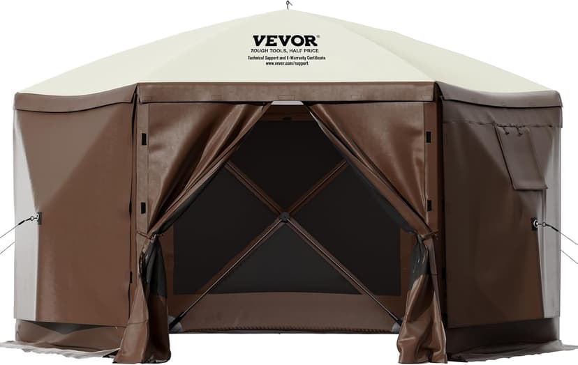 VEVOR Pop Up Gazebo Screen Tent, Pop-Up Instant Gazebo Tent with Mosquito Netting Outdoor Canopy, 6 Sided Sun Shelter 10x10ft with 6 Removable Wind Cloths & 2 Mesh Windows, Pavilion Tent for Patio