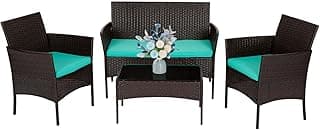 FDW 4 Pieces Patio Furniture Set Wicker Patio Conversation Set with Rattan Chair Loveseats Coffee Table for Outdoor Indoor Garden Backyard Porch Poolside Balcony,Brown Wicker/Blue Cushions