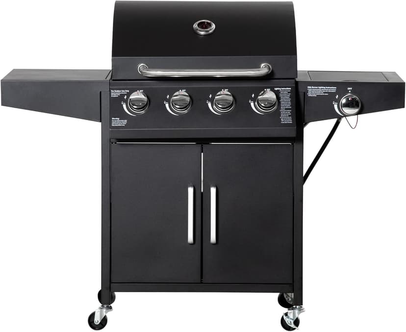 Outsunny 4 Burner Propane Gas Grill, 50,000 BTU Steel Outdoor Barbeque/Barbecue with Side Burner, Wheels, Warming Rack, Shelf, Cabinet, Thermometer, Black