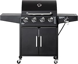 Outsunny 4 Burner Propane Gas Grill, 50,000 BTU Steel Outdoor Barbeque/Barbecue with Side Burner, Wheels, Warming Rack, Shelf, Cabinet, Thermometer, Black