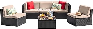 Devoko Patio Furniture Sets 6 Pieces Outdoor Sectional Rattan Sofa Manual Weaving Wicker Patio Conversation Set with Glass Table and Cushion (Beige)
