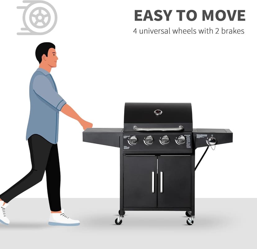 Outsunny 4 Burner Propane Gas Grill, 50,000 BTU Steel Outdoor Barbeque/Barbecue with Side Burner, Wheels, Warming Rack, Shelf, Cabinet, Thermometer, Black