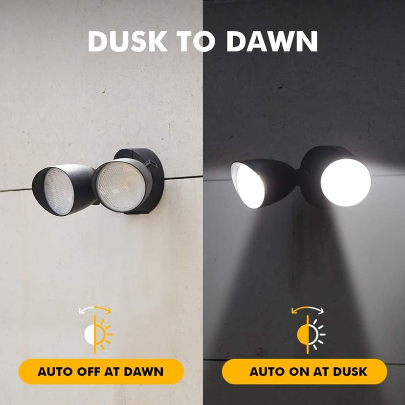 LUTEC 6222B-D2D 2500 Lumen 32 Watt Dusk to Dawn Dual-Head Flood Light Outdoor Waterproof Exterior Security Floodlight Light, Full Metal Design for Patio, Garden, Yard-Black