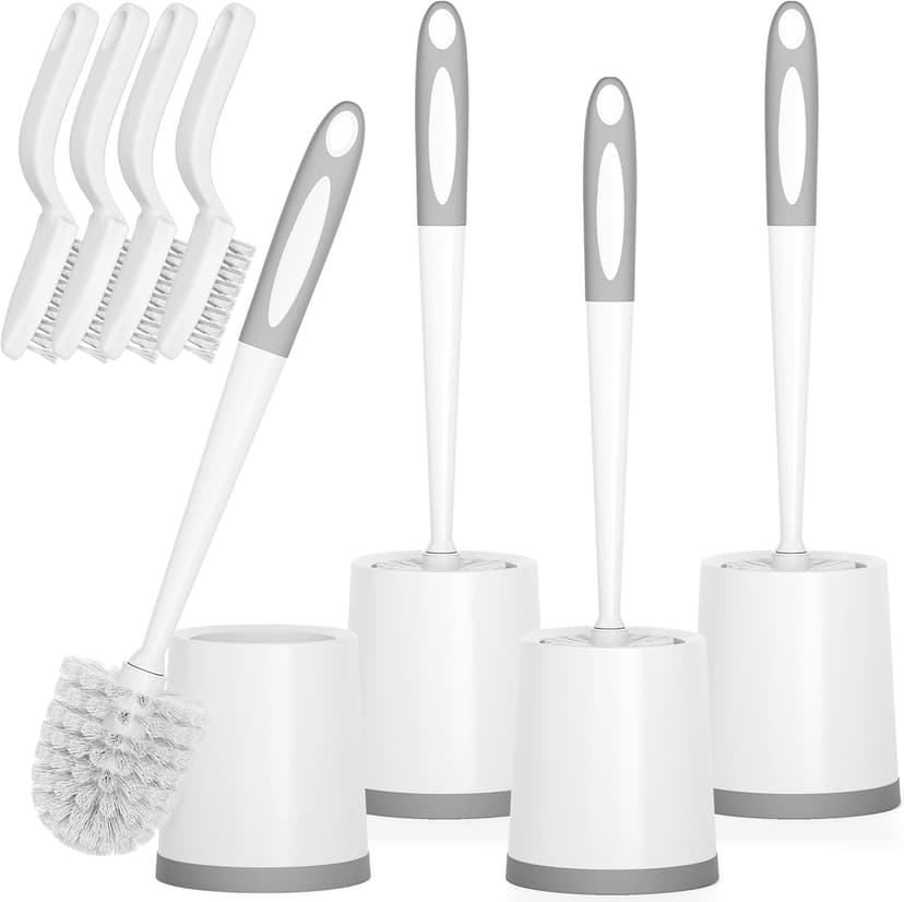 Toilet Brush, 4 Pack Toilet Brush and Holder Set, Toilet Bowl Brush with 4 Grout Brush, Toilet Bowl Brush and Holder for Bathroom, (White)