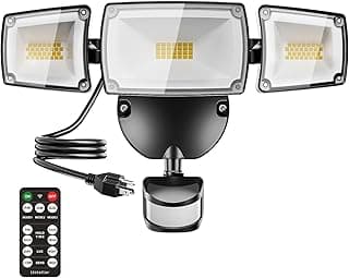 USTELLAR 55W Plug in Flood Light Outdoor, 5500lm Motion Sensor Outdoor Lights with Remote Control, Dusk to Dawn Security Light, IP65 Waterproof, 5000K Daylight Wall Mounted for Garage, Yard, 1 Pack