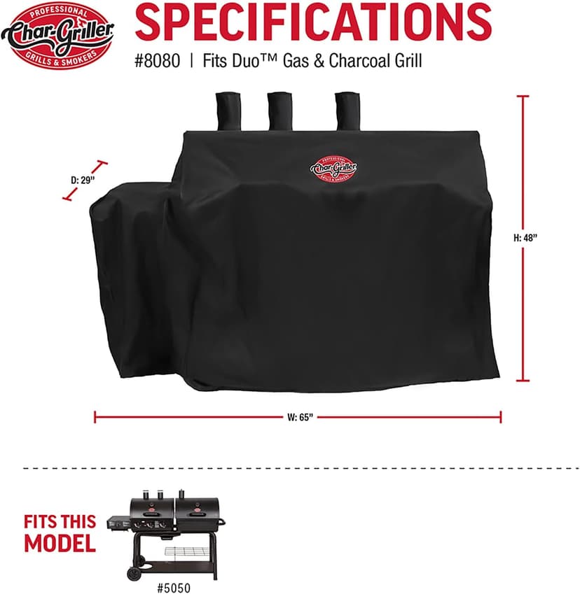 Char-Griller® 3-Burner Dual Fuel Expandable Propane Gas and Charcoal Outdoor Polyester Grill and Smoker Cover in Black, 29in x 65in x 49in, Model 8080