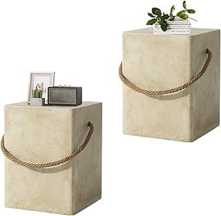 HOMPUS Outdoor Side Table Sets of 2 w Hemp Rope Handle, 2 Pieces Patio MgO Concrete Natural End Table, Square Accent Table Sets, Small Coffee Table for Garden, Patio, Porch and Deck, Beige