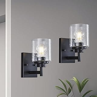 Set of 2 Wall Sconces Bathroom Light Fixture, 2 Pack Black Wall Light Seeded Glass Vanity Lighting Fixture, 4.375 Inch 1 Light Black Modern Wall Decor for Bathroom Living Room Farmhouse Dressing Room