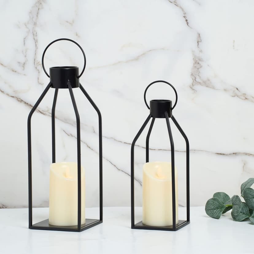 HPC Decor Modern Farmhouse Lanterrn Decor- Black Metal Candle for Christmas- Lanterns w/Timer Flickering Candles for Living Room,Home,Indoor, Outdoor,Table,Fireplace Mantle Décor