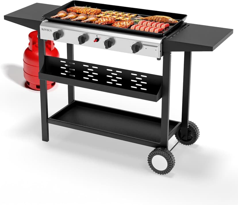ROVSUN 4 Burner Portable Propane Griddle with Nonstick Enameled Tray, 40000 BTU Rolling Flat Top Gas Grill with Electronic Ignition, Side Shelves & Regulator for Outdoor Cooking Camping BBQ Tailgating