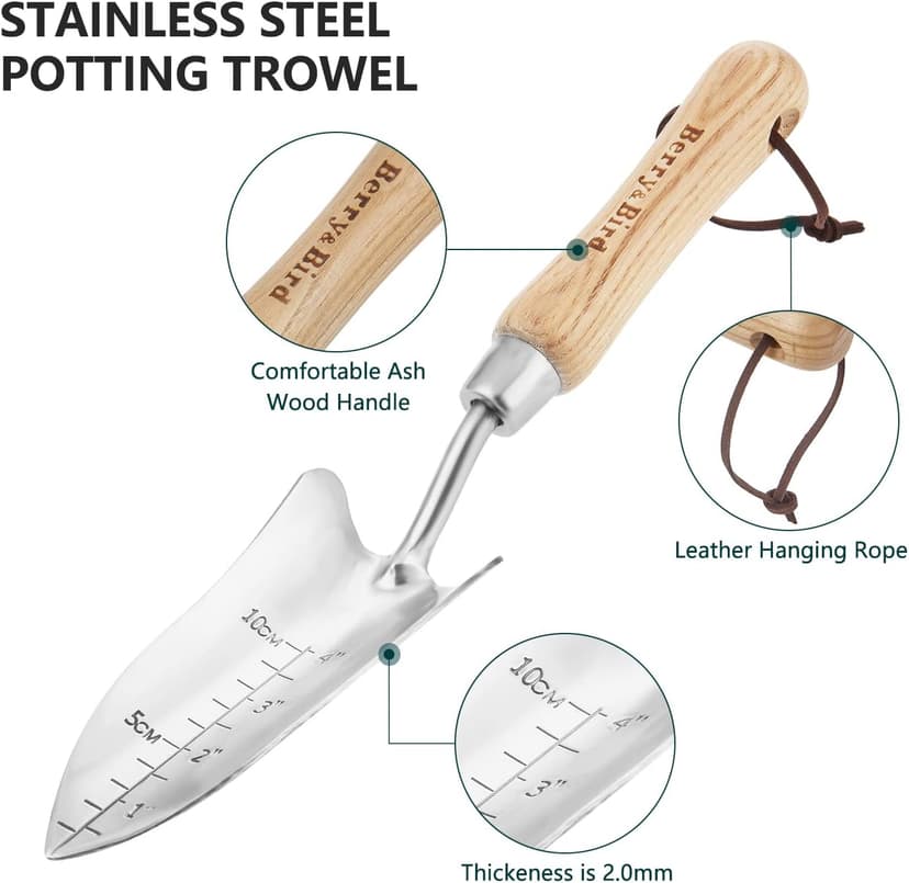 Transplant Trowel with Measurements, Garden Stainless Steel Potting Hand Trowel with Wooden Handle, Small Garden Hand Shovel Transplanter Tool for Planting Digging Transplanting Gardening