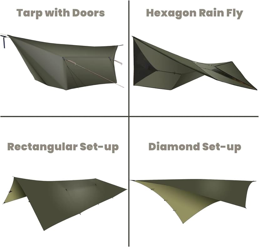 onewind 12×10 ft Hammock Tarp, Ultralight Tarp Silnylon Hammock Rain Fly Lightweight Waterproof Camping Tent Tarp with Doors, Easy to Setup with Stuff Sack, Tent Stakes, OD Green