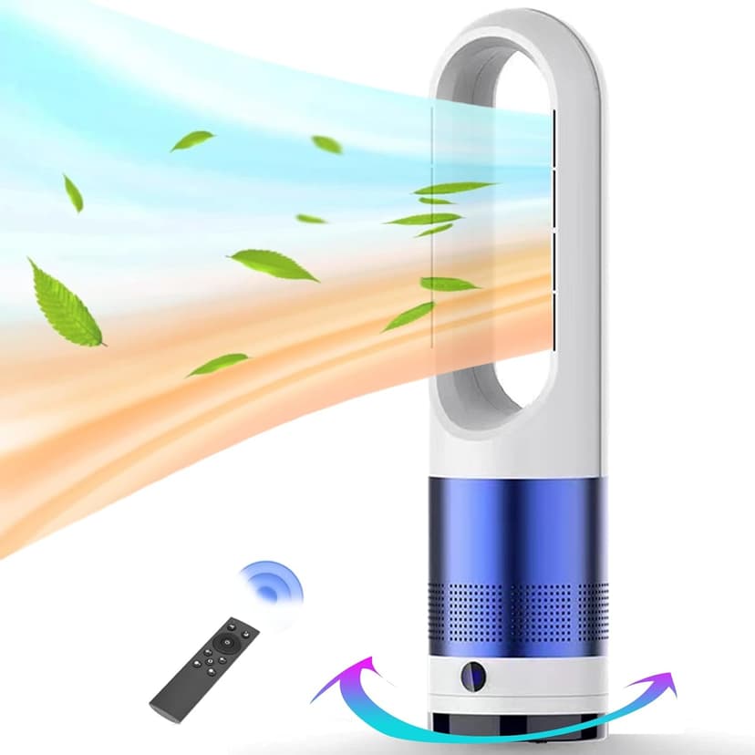 Bladeless Heater and Fan Combo, 1400 Watt Heater Fan and 40 Watt Cold Fan, 80° Oscillating Fan, All the Season Use, Remote and Touch Control, Floor Tower fan, Office Room, Bedroom, Blue White