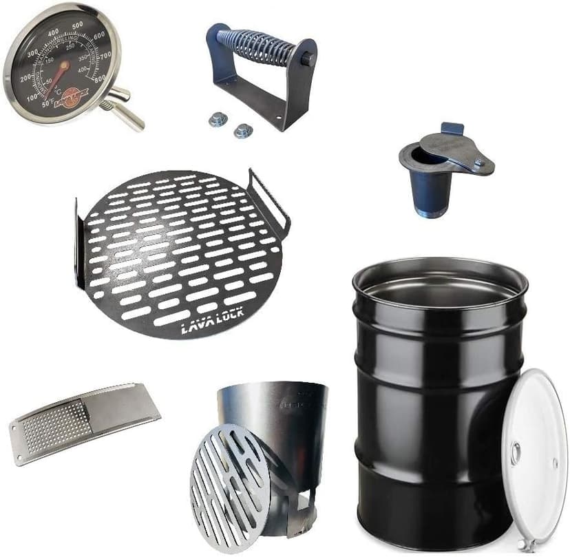 LavaLock DIY 30 Gallon Premium UDS Smoker Kit COMPLETE with DRUM, Charcoal Basket, Cooking Grate, Intake, Smoke Stack, Thermometer, Lid Handle UDS KIT
