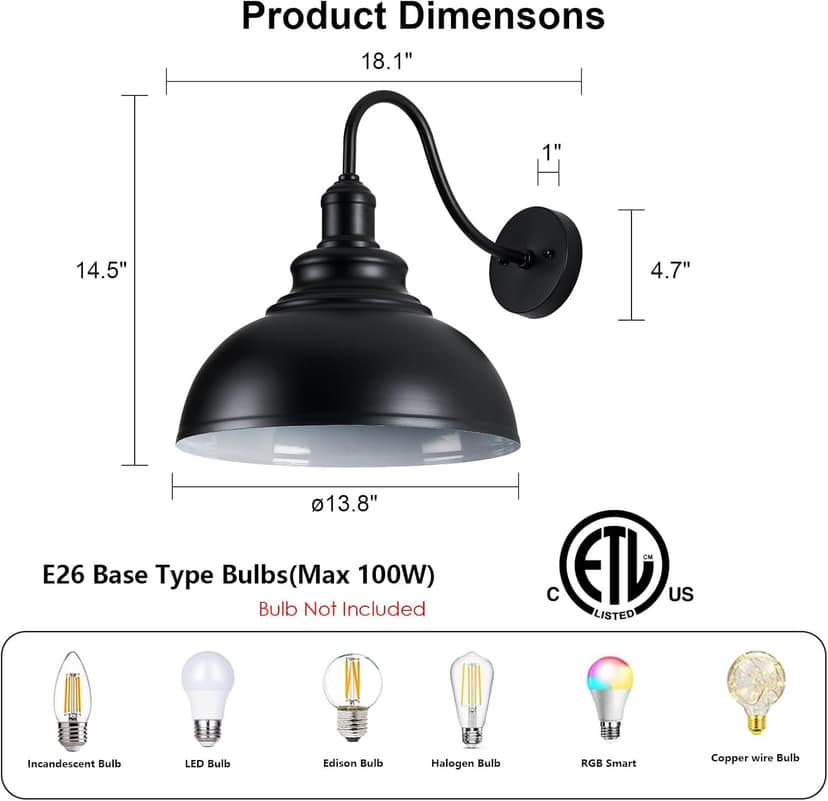 2 Pack Outdoor Wall Lights 14 inch Exterior Barn Wall Sconce Fixture Wall Mount Lantern Waterproof Black Wall Lamps Lumiere Outside Porch Lights House Garage Doorway Patio Front Door Entryway