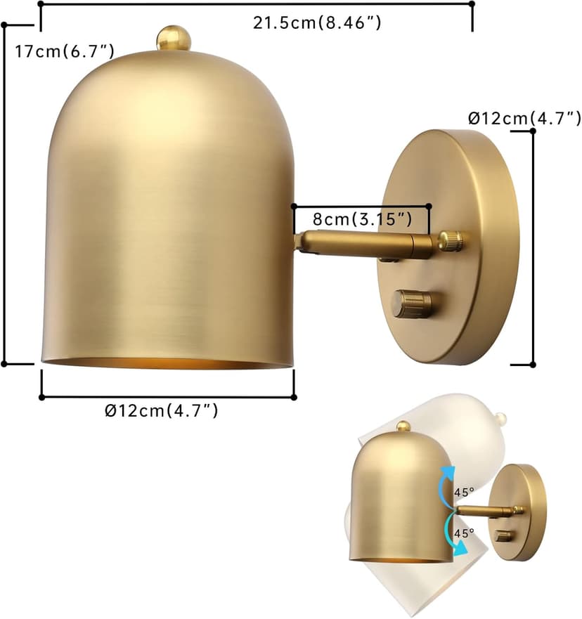 Pathson Modern Dimmable Wall Sconce Hardwired, Brass Finish Wall Light Lamp Adjust Light Head, E26 Bulb Base Reading Wall Lighting Decor for Living Room Bedroom Hallway
