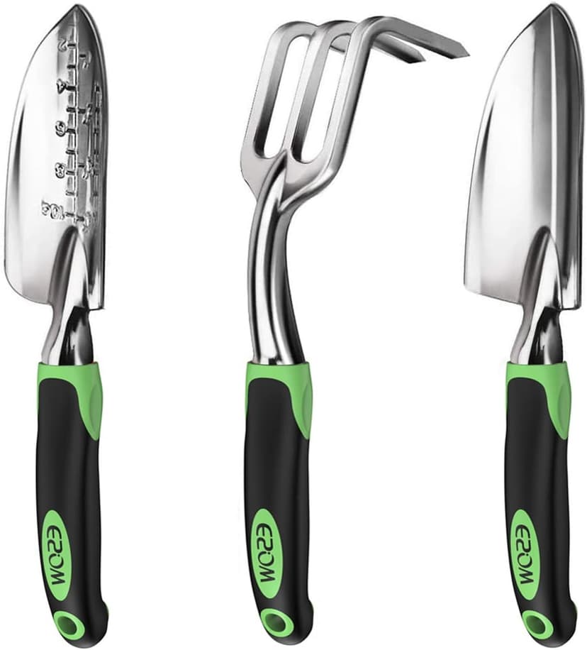 ESOW Garden Tool Set, 3 Piece Cast-Aluminum Heavy Duty Gardening Kit Includes Hand Trowel, Transplant Trowel and Cultivator Hand Rake with Soft Rubberized Non-Slip Ergonomic Handle, Garden Gifts