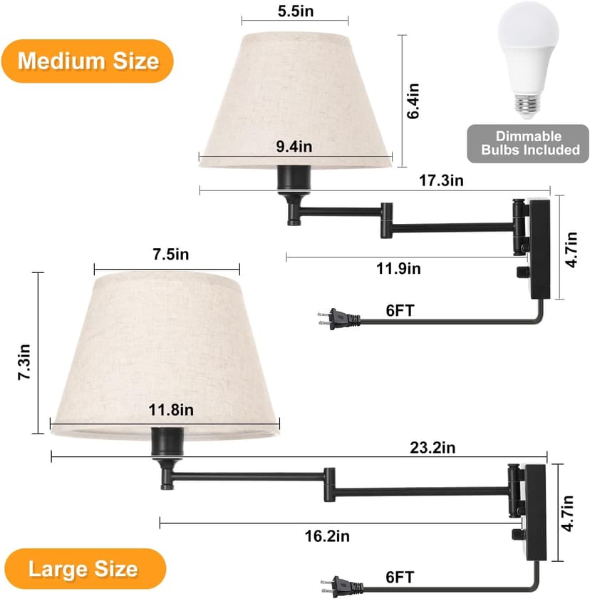 TRLIFE Wall Sconce Plug in, Remote Control Dimming 10-100% and Adjustable Color Temperature 2700K-6500K Swing Arm Wall Lights with Plug in Cord, 11.8" Large Beige Fabric Shade(2 Pack, 2 Bulbs)