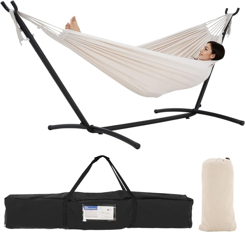 Double Hammock with Stand Included 450lb Capacity Space Saving Steel Stand,Premium Carry Bag Included,Suit for Outside,Indoor,Yard,Camping(Beige).