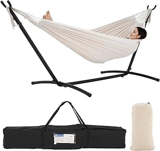 Double Hammock with Stand Included 450lb Capacity Space Saving Steel Stand,Premium Carry Bag Included,Suit for Outside,Indoor,Yard,Camping(Beige).