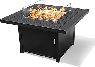 42-Inch Square Propane Gas Fire Pit Table: 50,000 BTU Aluminum Slat Top w/Lid, Stainless Steel Burner, Windguard, 8KG Glass Beads, 300D PVC Cover, CSA-Listed
