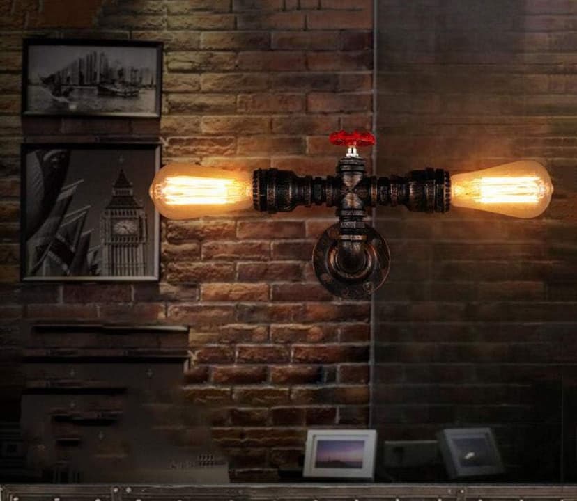BYSUN Retro Industrial Steampunk Wall Sconce, 2 Lights Metal Water Pipe Style Mounted Lamp Light Fixture, E26 Industrial Vintage Edison Lamp