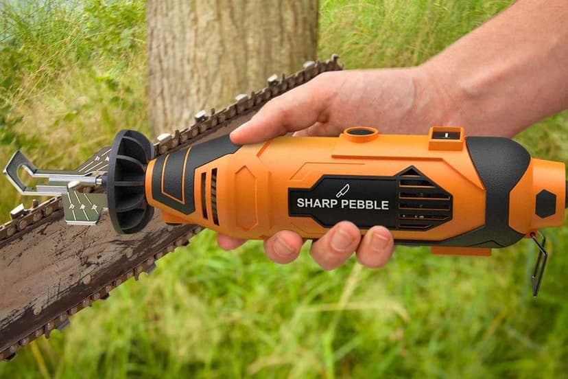 Sharp Pebble Electric Chainsaw Sharpener Kit - Comes with Chain Saw Sharpener Tool, 4 File Size Diamond Sharpening Wheels, Angle Attachment, Wrench & eBook.