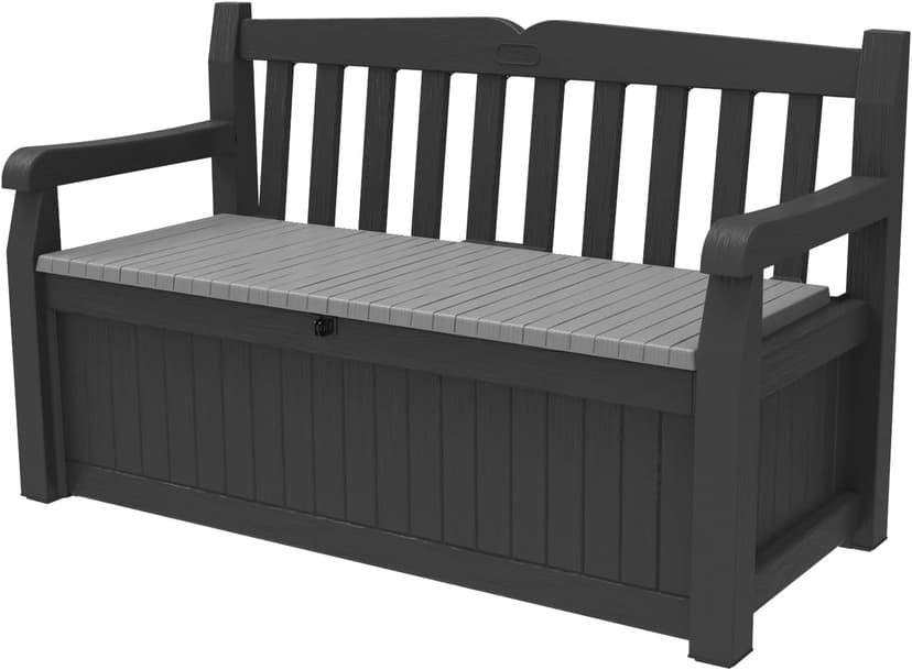 Keter Solana 70 Gallon Storage Bench Deck Box for Patio Storage, Front Porch Decor and Outdoor Seating – Perfect to Store Garden Tools and Pool Floats, Graphite