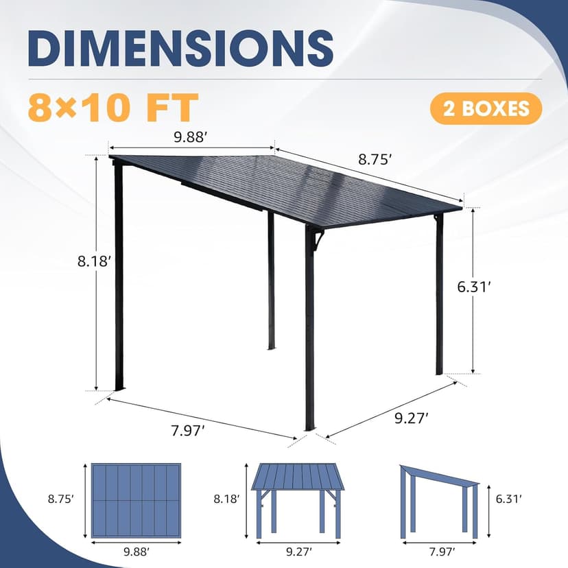 OC Orange-Casual 8x10 FT Patio All-Iron Gazebo,Hard Top Lean to Gazebo Pergola with Roof,Wall Mounted Heavy Duty Awnings, for Outdoor, Backyard, Deck