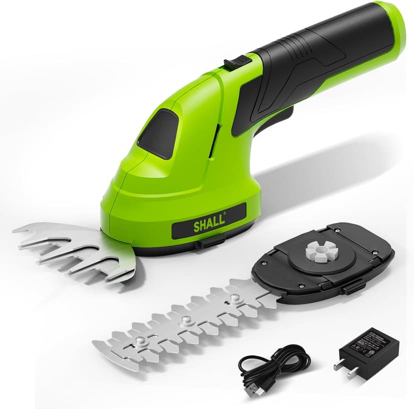 SHALL Cordless Grass Shear & Hedge Trimmer - 7.2V Electric Bush Trimmer 2 in 1 Handheld Shrub Shears, Lightweight Hedge Clippers Grass Cutter w/ 2.0Ah Rechargeable Battery & Type-C Fast Charger -Green