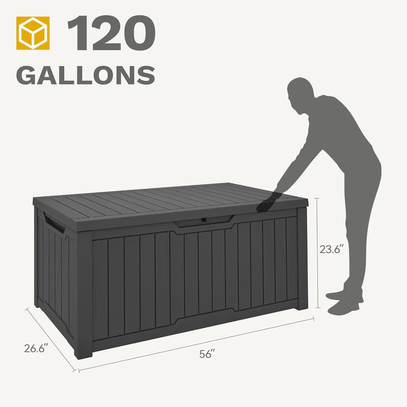 DWVO 120 Gallon Outdoor Storage Deck Box, Weather-Resistant Resin, Versatile for Patio Furnishings, Outdoor Cushions, Garden Tools, and Sports/Pool Gear (Dark Gray)