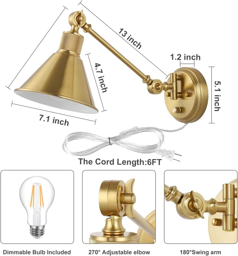 TRLIFE Wall Sconce Plug in, Dimmable Wall Sconces Set of 2 Wall Lights with Plug in Cord and Dimmer On/Off Knob Switch, Brushed Brass Swing Arm Wall Light, UL Listed(2 Pack, 2 Bulbs)