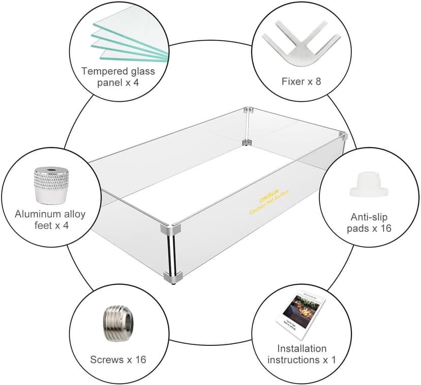 Grisun Fire Pit Glass Wind Guard - 31 x 12 x 6 inch, Thick Rectangular Heat-Resistant Tempered Glass Guard with Hard Aluminum Corner Bracket and Feet for Propane, Gas, Outdoor
