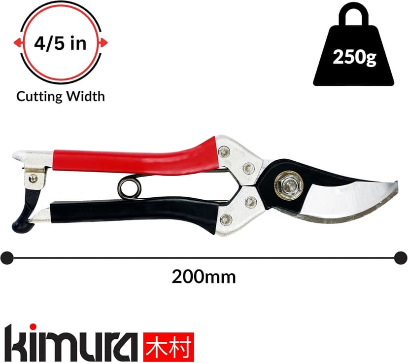 Kimura® 8" Samurai Garden Pruning Shears, [Made in Japan], Heavy Duty Premium Japanese Yasugi Steel Blades, Non-Slip Vinyl Coated Handles, Ergonomic, Japanese Bypass Pruning Shears