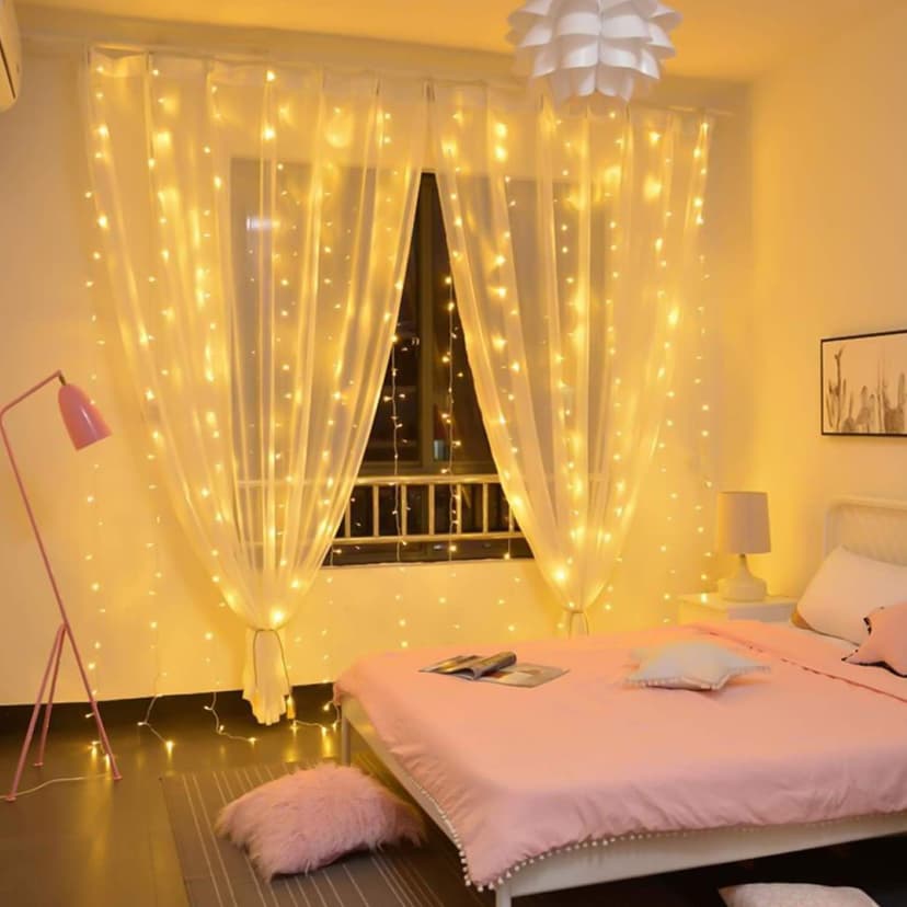 Brightown 300 LED Curtain String Lights, 9.8 FT Hanging Fairy Lights with Remote, 8 Modes, Connectable Waterproof Window Lights for Bedroom Backdrop Wedding Outdoor Christmas Party, Warm White
