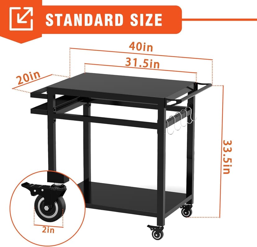 20"x32" Double-Shelf Grill Table Movable Grill Cart, Outdoor Food Prep and Pizza Oven Table, Grill Stand Fits Blackstone Griddle 17" 22"