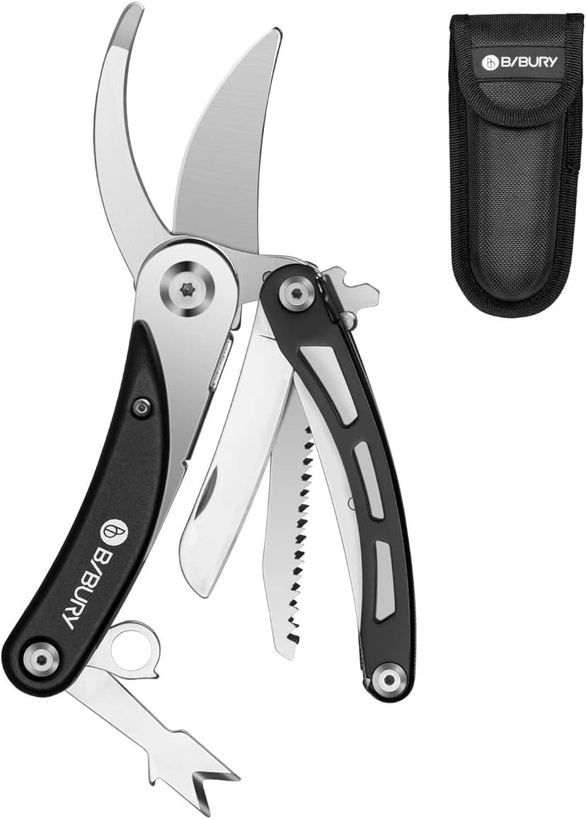 BIBURY Gardening Hand Pruners, 5 in 1 Multitools Folding Scissors 420 Stainless Steel Pruning Shears Bonsai Cutters for Tree Trimmers Secateurs,Garden Scissors,Garden Shears,Clippers for The Garden