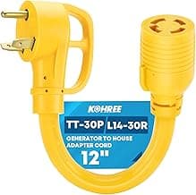 Kohree NEMA TT-30P to L14-30R Generator Adapter Cord, 30Amp 3 Prong to 4 Prong Adapter, Generator Transfer Switch Adapter Cord, STW 10 AWG 12'', 30 Amp Male Generator to 30 Amp House Inlet Box Adapter