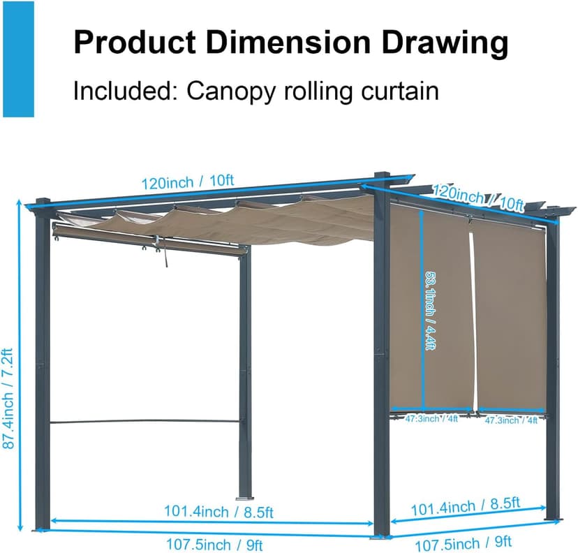 Aoodor 10 x 10 ft Outdoor Pergola with Retractable Shade Canopy, Matte Aluminum Frame, 4 Roller Shade Curtains, Grape Trellis for Patio, Backyard, Garden, and Deck, Dark Brown