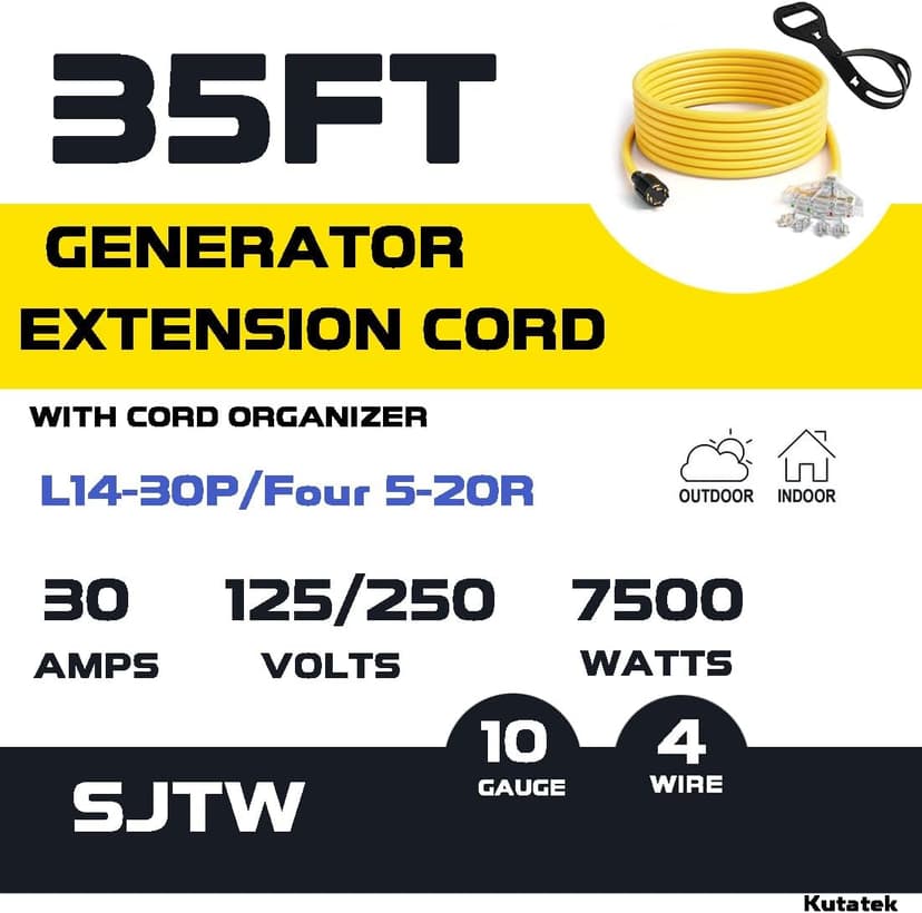 35Ft L14-30P to Four 5-20R, 4 Prong Generator Distribution Extension Power Cord, 30 Amp 125/250V 7500 Watts, 10 Gauge SJTW Cable (35Ft)