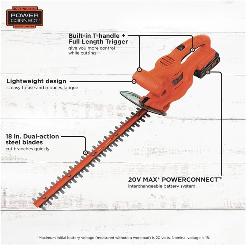 BLACK+DECKER 20V MAX Hedge Trimmer, Cordless, 18 inch Blade, Reduced Vibration, Battery and Charger Included (LHT218C1)