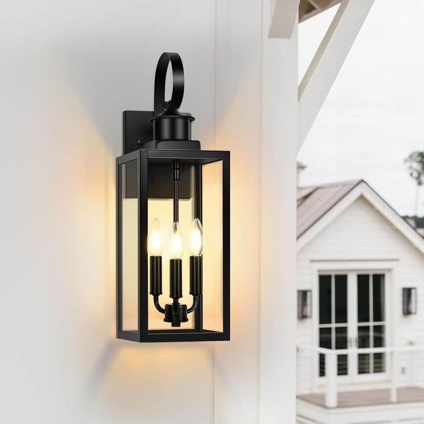Outdoor Wall Light Fixture, 3-Light 19” Large Waterproof Outside Wall Mounted Sconce Light Fixture with Clear Glass Shade, Black Anti-Rust Exterior Wall Lantern for House, Front Porch, Garage