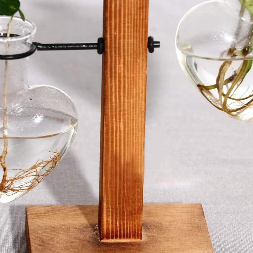 Kingbuy Hydroponic Glass Vase Vintage Desktop Plant Terrarium Planter Bulb Vase Water Planting Propagation Vase Planters Hydroponics Plants with Retro Wooden Stand Home Garden. (E（2 Heart Vase）)