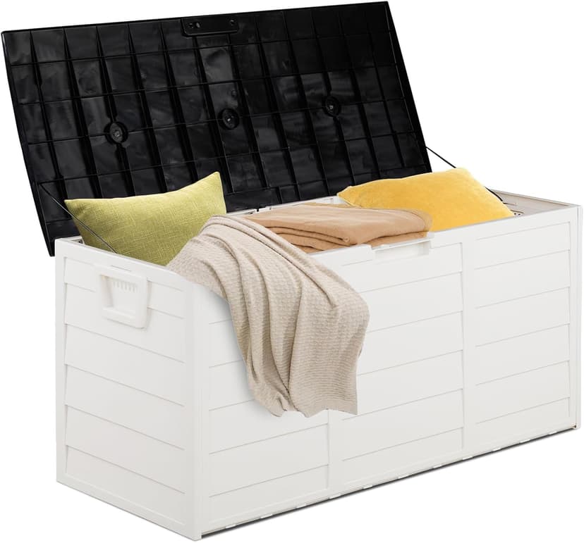 VINGLI Upgraded 75 Gallon Outdoor Storage Box, Lockable Plastic Storage Containers with Lid, Patio Deck Box Furniture for Garden, Pool, Balcony, Yard (White)