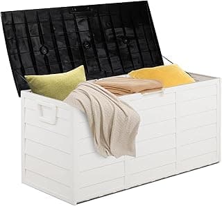 VINGLI Upgraded 75 Gallon Outdoor Storage Box, Lockable Plastic Storage Containers with Lid, Patio Deck Box Furniture for Garden, Pool, Balcony, Yard (White)